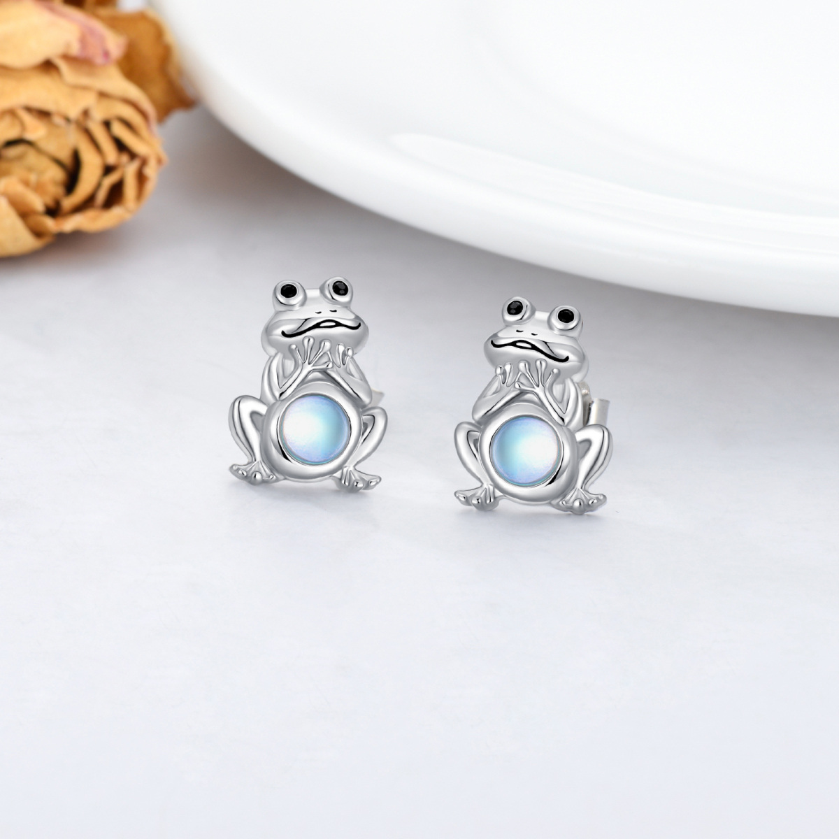 Sterling Silver Circular Shaped Moonstone Frog Stud Earrings-3