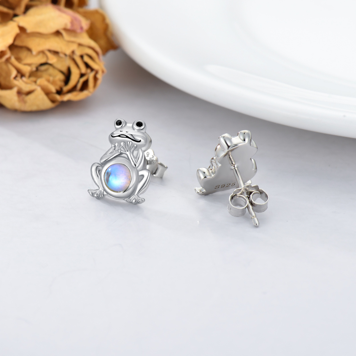 Sterling Silver Circular Shaped Moonstone Frog Stud Earrings-4