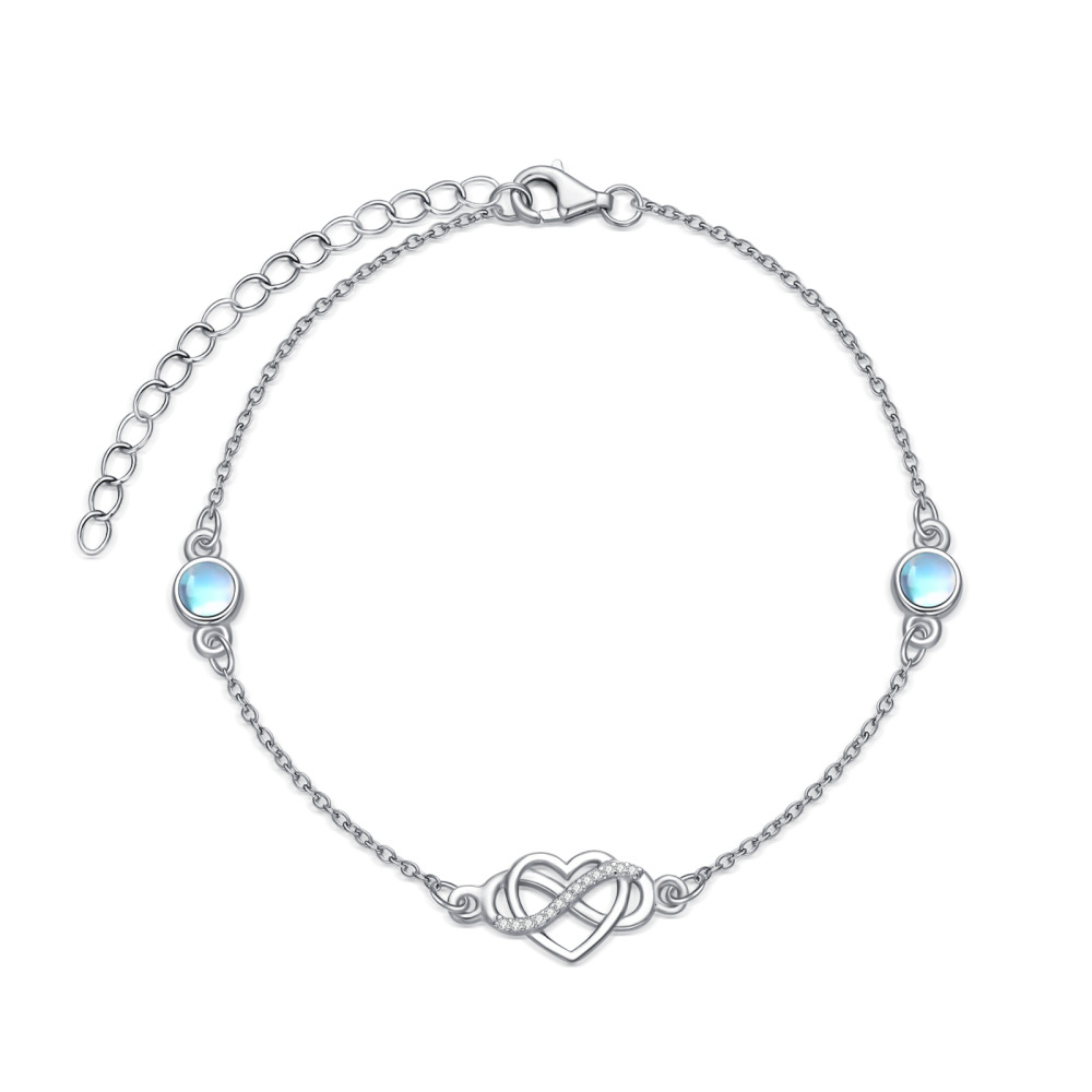 Sterling Silver Circular Shaped Moonstone Heart Charm Bracelet-1