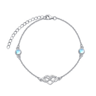 Sterling Silver Circular Shaped Moonstone Heart Charm Bracelet-13