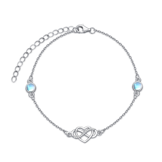 Sterling Silver Circular Shaped Moonstone Heart Charm Bracelet