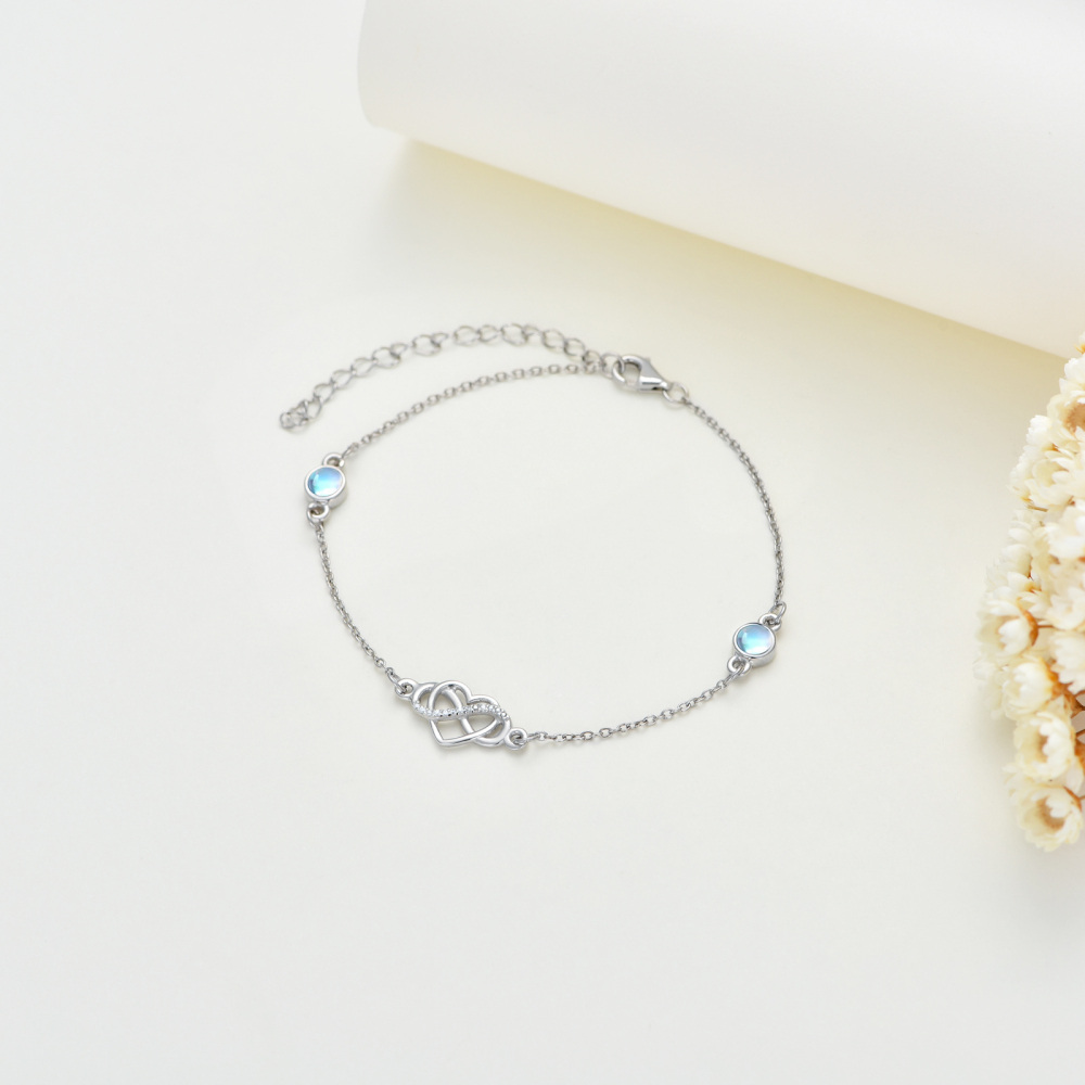 Sterling Silver Circular Shaped Moonstone Heart Charm Bracelet-4