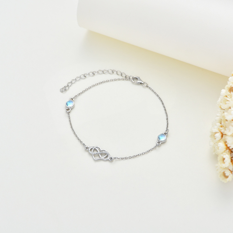 Sterling Silver Circular Shaped Moonstone Heart Charm Bracelet-4
