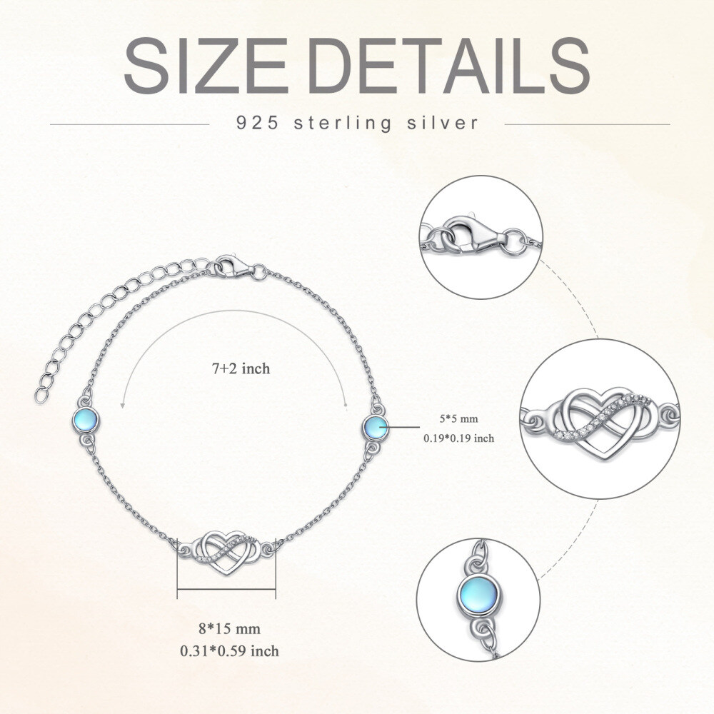 Sterling Silver Circular Shaped Moonstone Heart Charm Bracelet-5