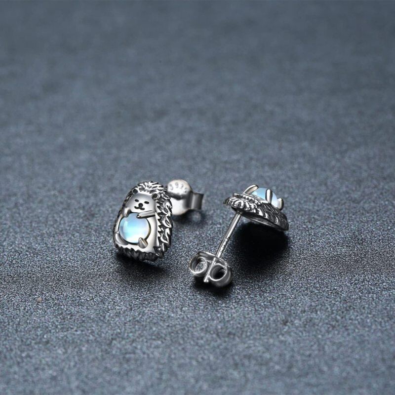 Brincos de prata esterlina em forma circular com ouriço de pedra da lua-5