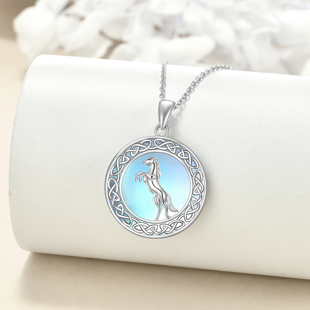 Sterling Silver Circular Shaped Moonstone Horse & Celtic Knot Pendant Necklace-3