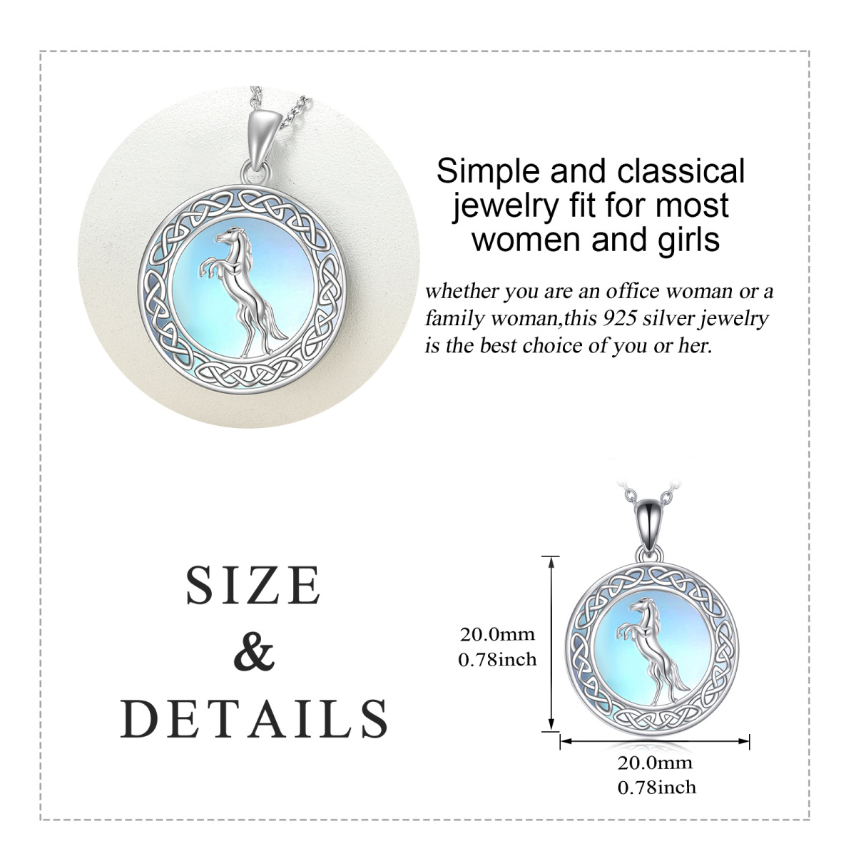 Sterling Silver Circular Shaped Moonstone Horse & Celtic Knot Pendant Necklace-5