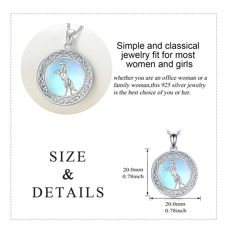 Sterling Silver Circular Shaped Moonstone Horse & Celtic Knot Pendant Necklace-5