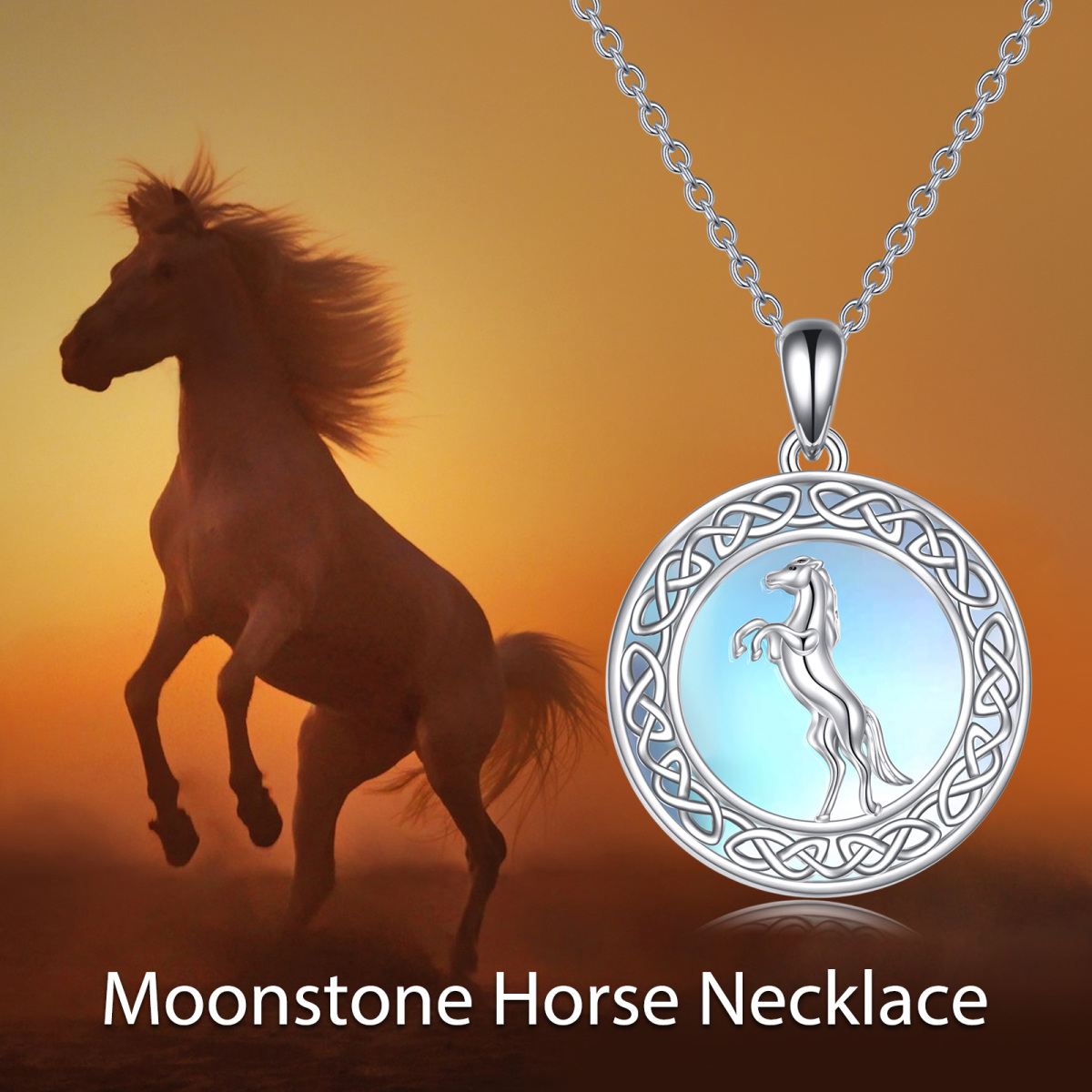 Sterling Silver Circular Shaped Moonstone Horse & Celtic Knot Pendant Necklace-6