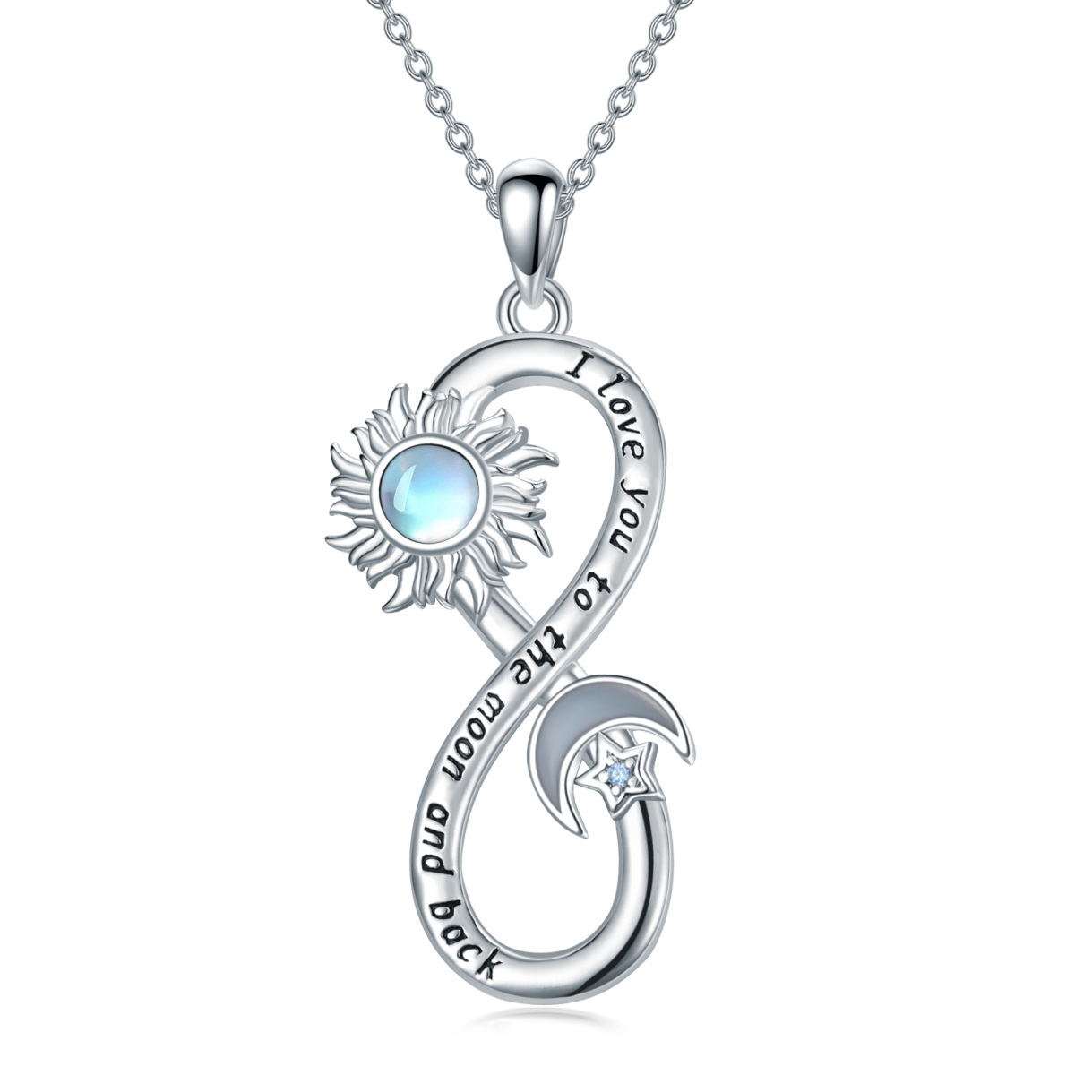 Collier avec pendentif en pierre de lune circulaire en argent sterling avec symbole infini et soleil en oxyde de zirconium pour femme-1