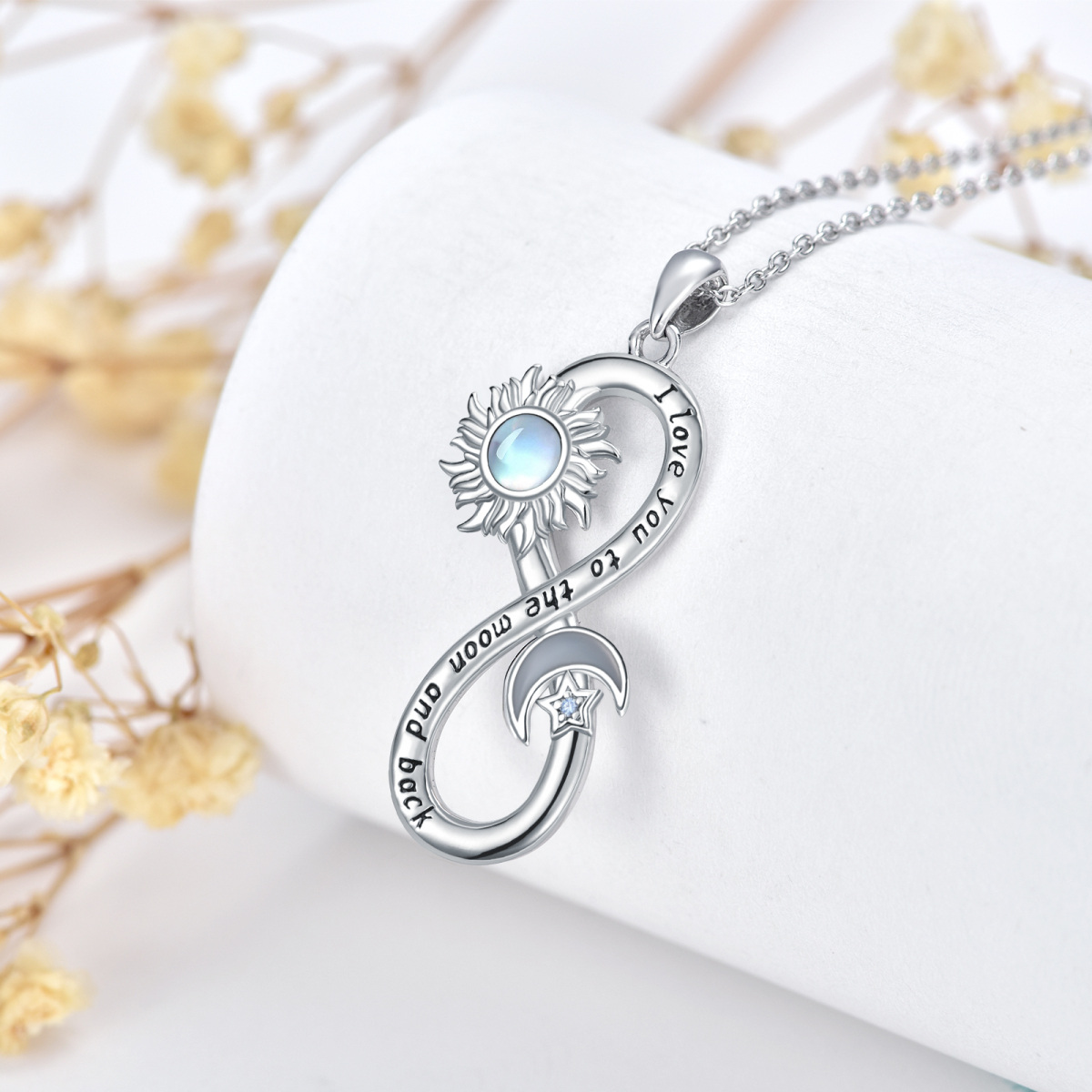 Collana da donna con pietra di luna circolare in argento sterling con simbolo dell'infinito e zirconi cubici e pendente a forma di sole-2