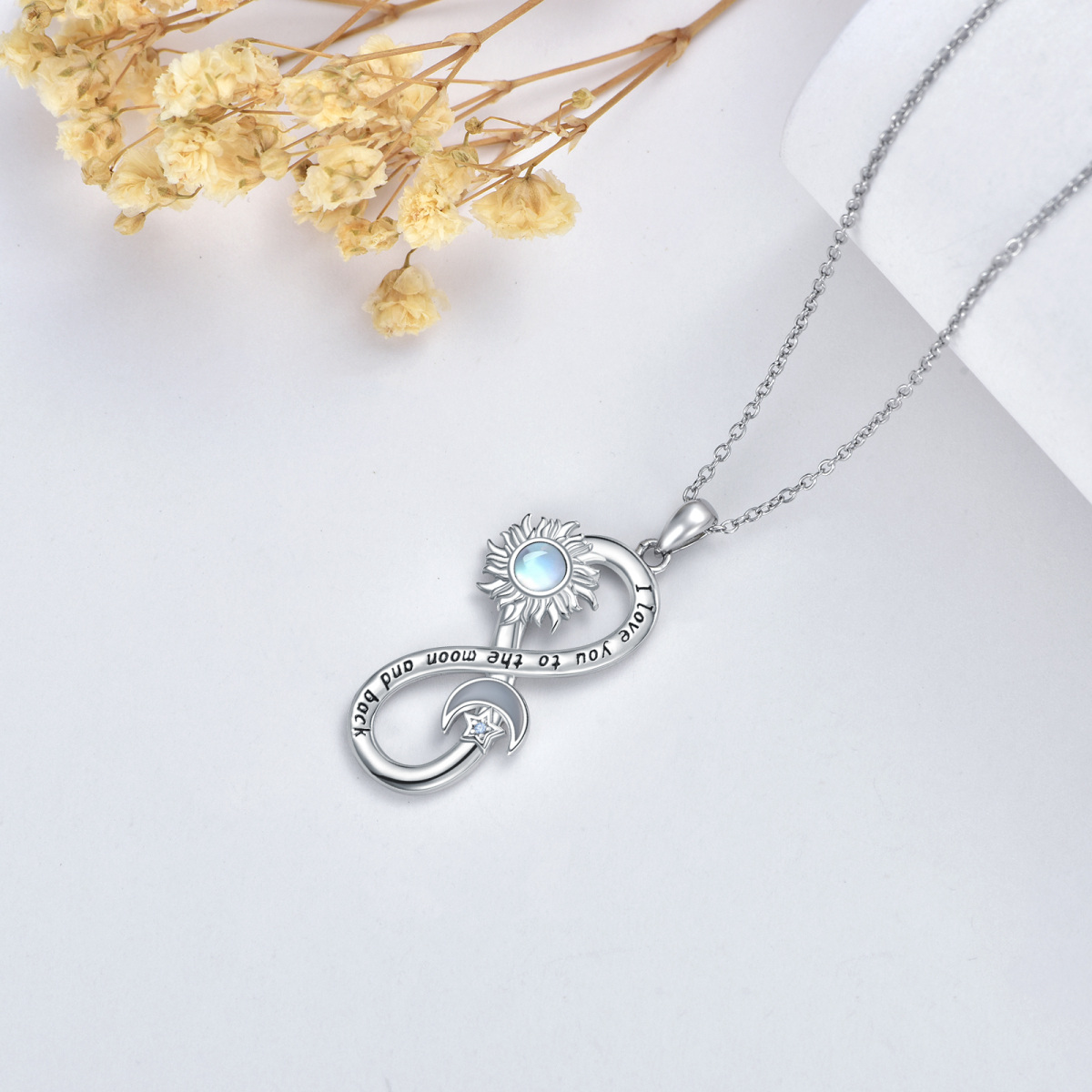 Collana da donna con pietra di luna circolare in argento sterling con simbolo dell'infinito e zirconi cubici e pendente a forma di sole-3