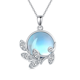 Sterling Silver Circular Shaped Moonstone Leaves Pendant Necklace-3