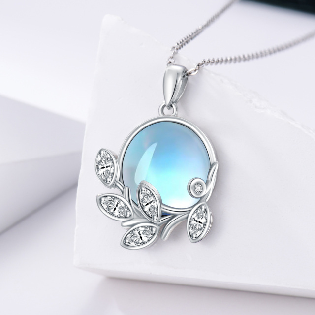 Sterling Silver Circular Shaped Moonstone Leaves Pendant Necklace-3