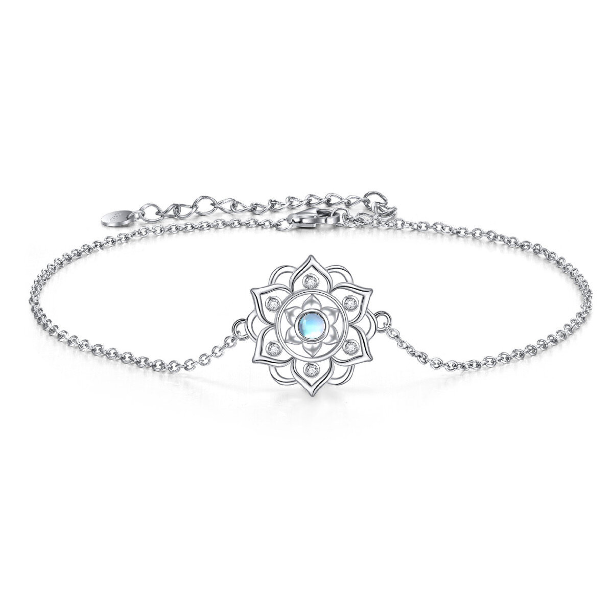 Sterling Silver Circular Shaped Moonstone Lotus Single Layer Anklet-1