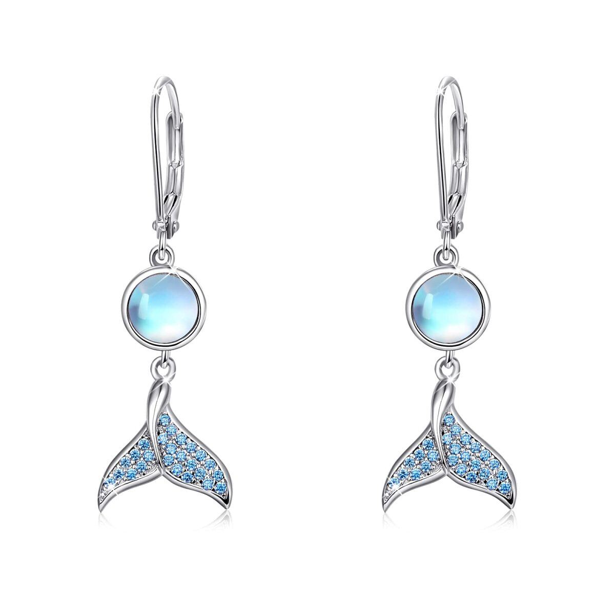 Sterling Silver Circular Shaped Moonstone Mermaid Tail Lever-back Earrings-1