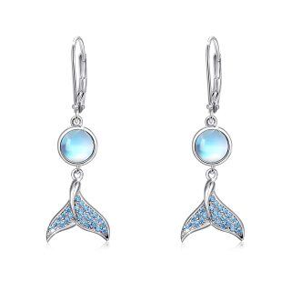 Sterling Silver Circular Shaped Moonstone Mermaid Tail Lever-back Earrings-3