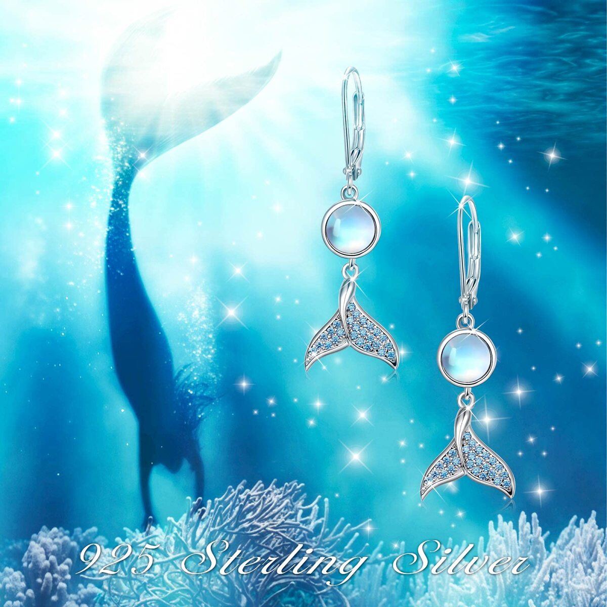 Sterling Silver Circular Shaped Moonstone Mermaid Tail Lever-back Earrings-6