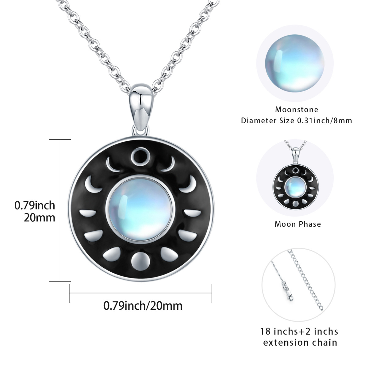 Sterling Silver Circular Shaped Moonstone Moon Cable Chain Necklace-3