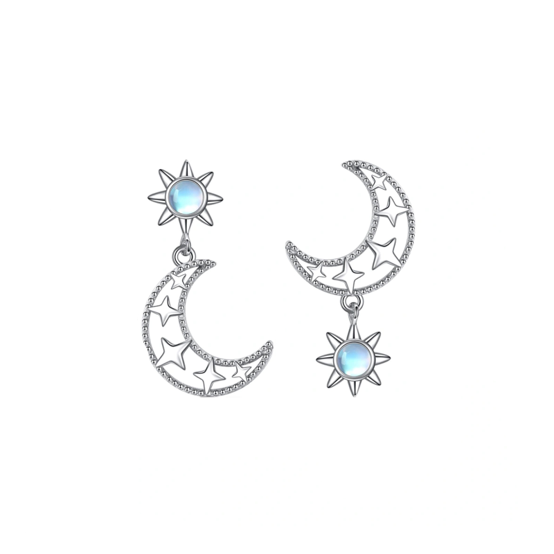 Sterling Silver Circular Shaped Moonstone Moon Drop Earrings-18
