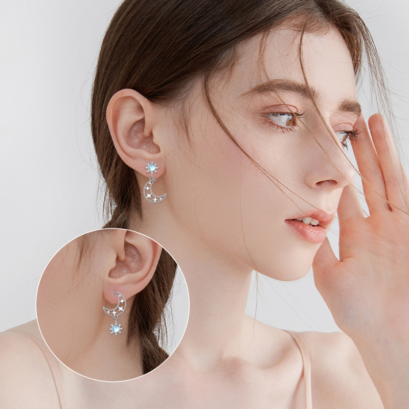 Boucles d'oreilles en argent sterling avec pendentifs en pierre de lune de forme circulair-2