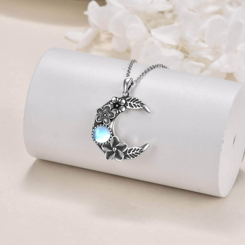 Sterling Silver Circular Shaped Moonstone Moon Pendant Necklace-3