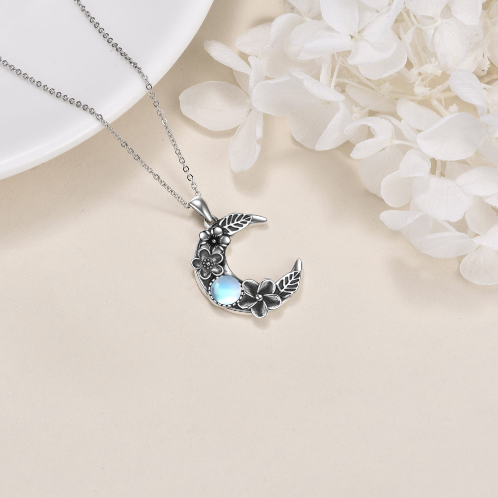 Sterling Silver Circular Shaped Moonstone Moon Pendant Necklace-4