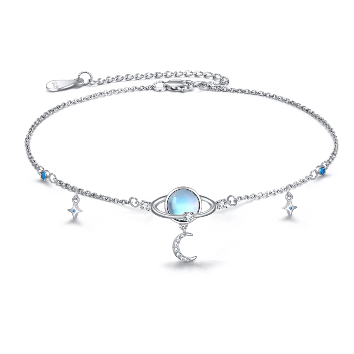 Pianeta circolare in pietra di luna in argento sterling con luna e stella Cavigliera a strato singolo da donna-1