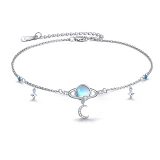 Sterling Silver Circular Moonstone Planet With Moon & Star Single Layer Anklet For Women-22