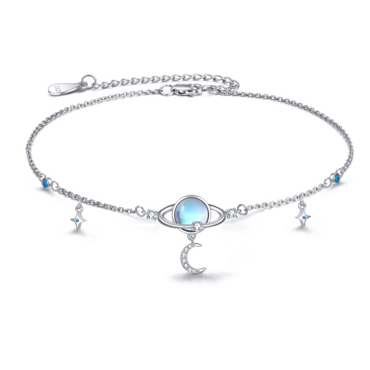 Sterling Silver Circular Moonstone Planet With Moon & Star Single Layer Anklet For Women