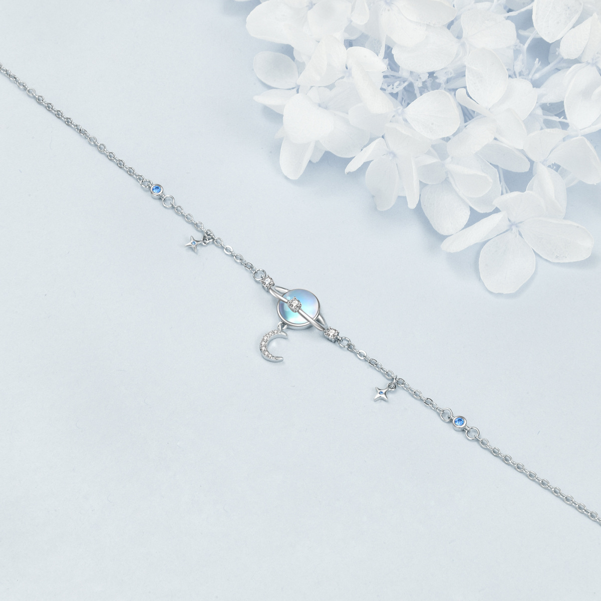 Pianeta circolare in pietra di luna in argento sterling con luna e stella Cavigliera a strato singolo da donna-4