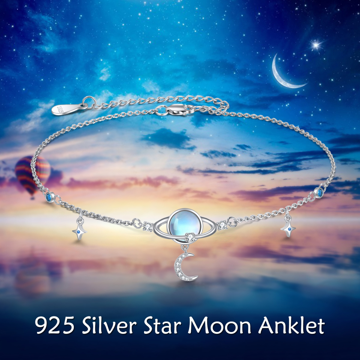 Pianeta circolare in pietra di luna in argento sterling con luna e stella Cavigliera a strato singolo da donna-6