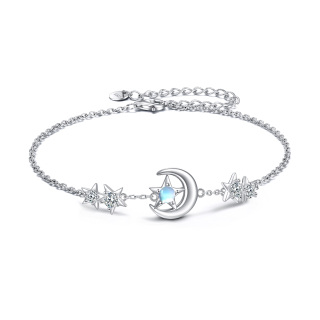 Sterling Silver Circular Shaped Moonstone Moon & Star Single Layer Anklet-10