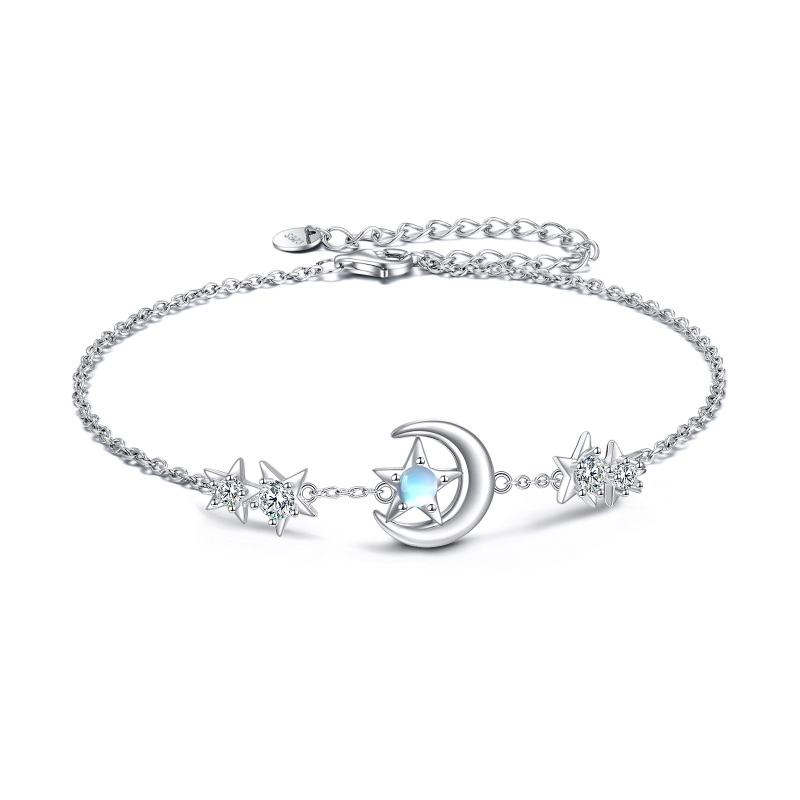 Sterling Silver Circular Shaped Moonstone Moon & Star Single Layer Anklet-12