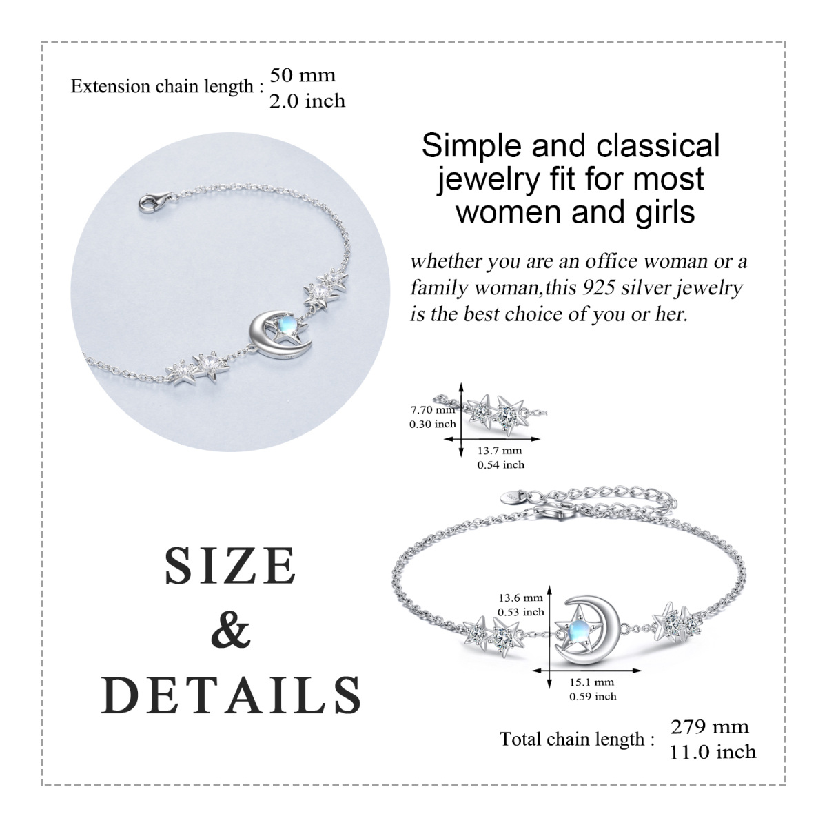 Sterling Silver Circular Shaped Moonstone Moon & Star Single Layer Anklet-5