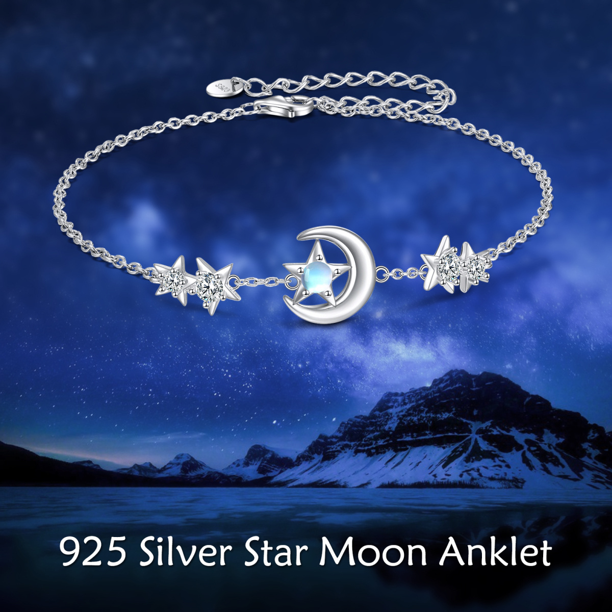 Sterling Silver Circular Shaped Moonstone Moon & Star Single Layer Anklet-6