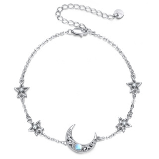 Sterling Silver Circular Shaped Moonstone Moon & Star Single Layer Anklet-27