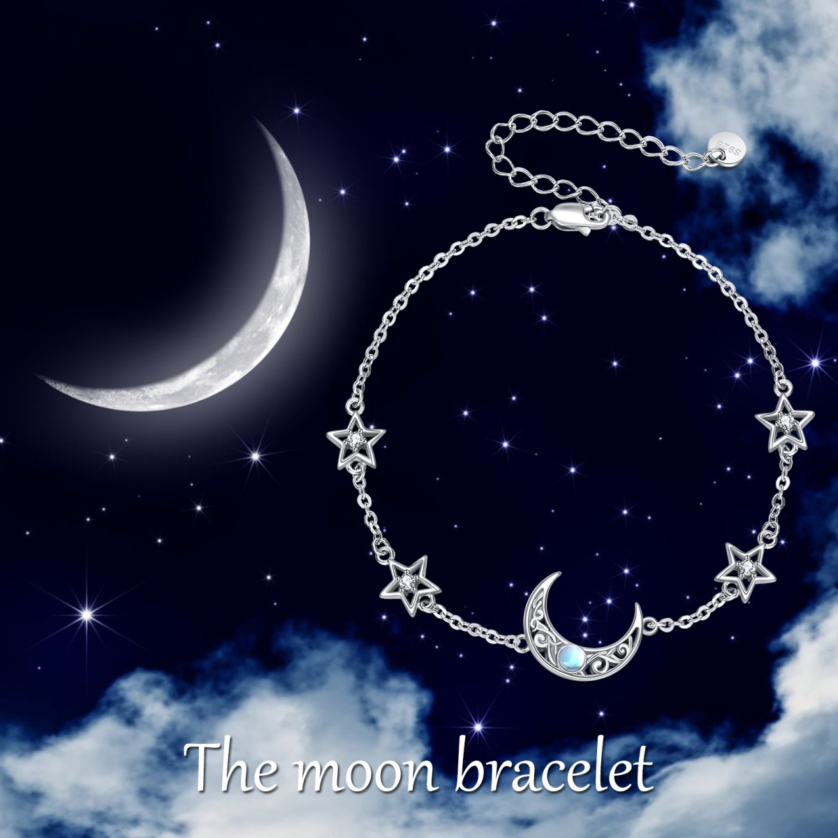 Sterling Silver Circular Shaped Moonstone Moon & Star Single Layer Anklet-5