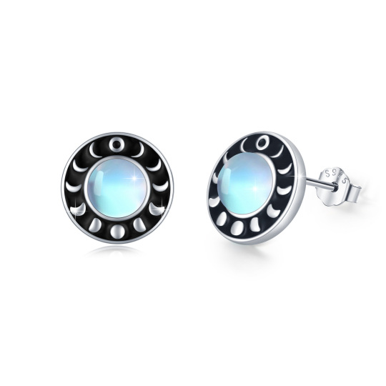 Sterling Silver Circular Shaped Moonstone Moon Stud Earrings