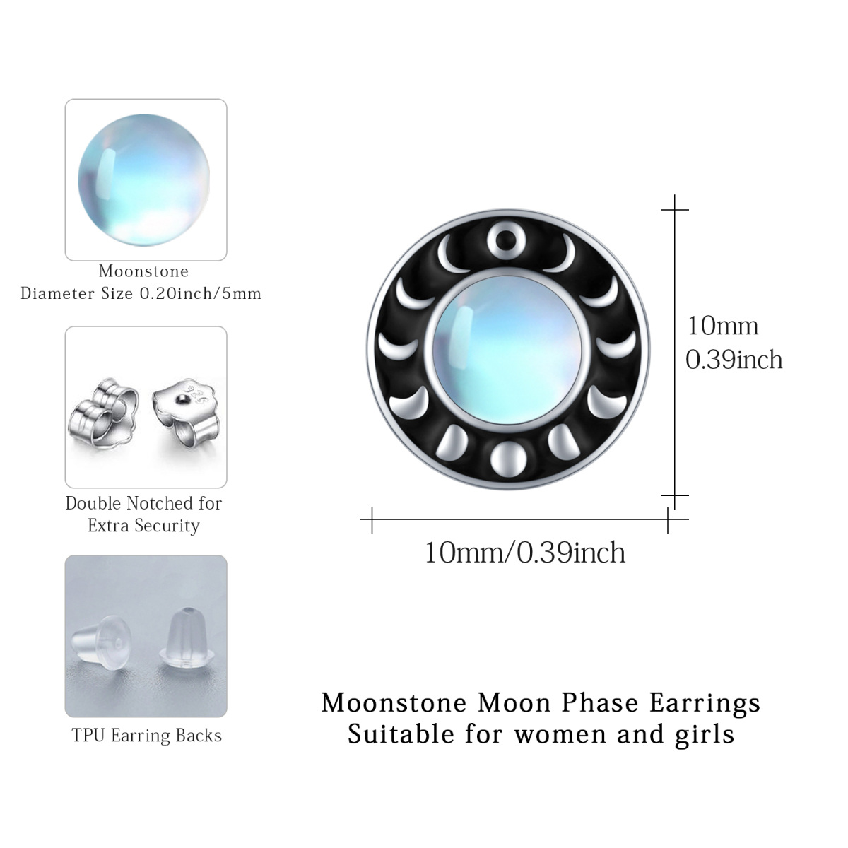 Sterling Silver Circular Shaped Moonstone Moon Stud Earrings-5