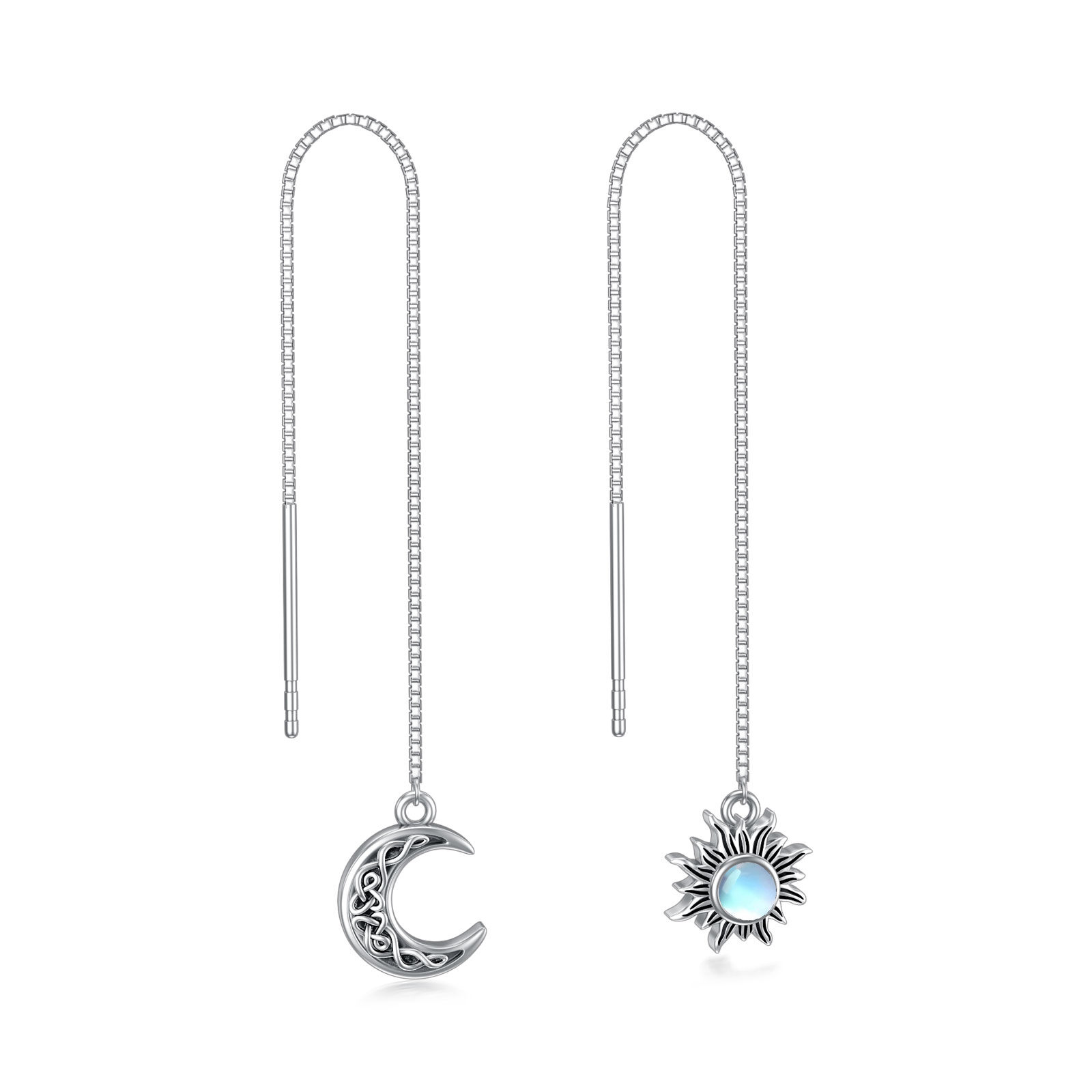 Sterling Silver Circular Shaped Moonstone Moon & Sun Drop Earrings-1