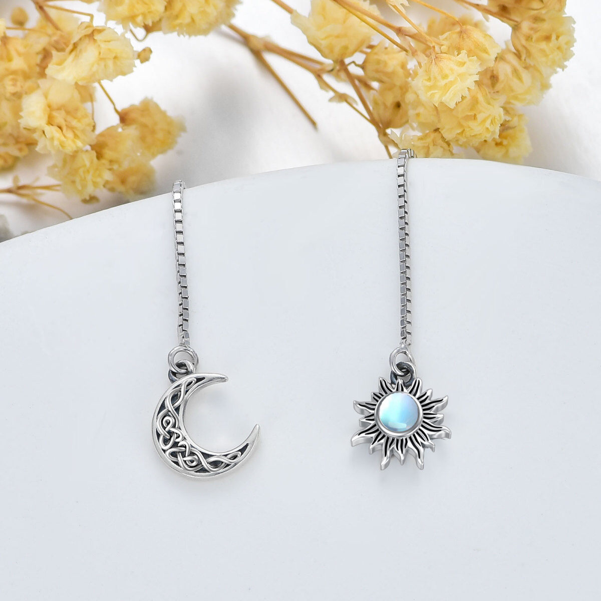 Sterling Silver Circular Shaped Moonstone Moon & Sun Drop Earrings-3