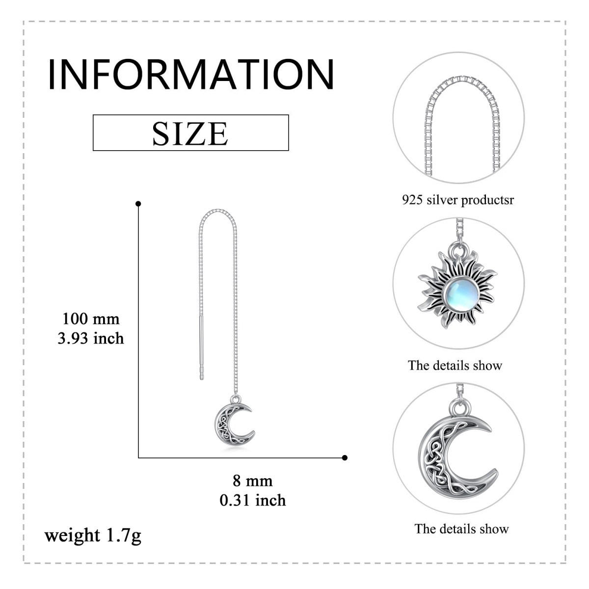 Sterling Silber kreisförmig Mondstein Mond & Sonne Tropfen Ohrringe-5