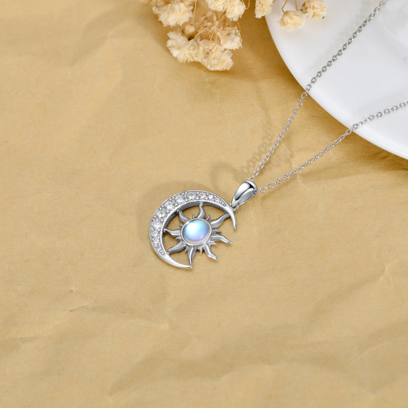Sterling Silver Circular Shaped Moonstone Moon & Sun Pendant Necklace-4