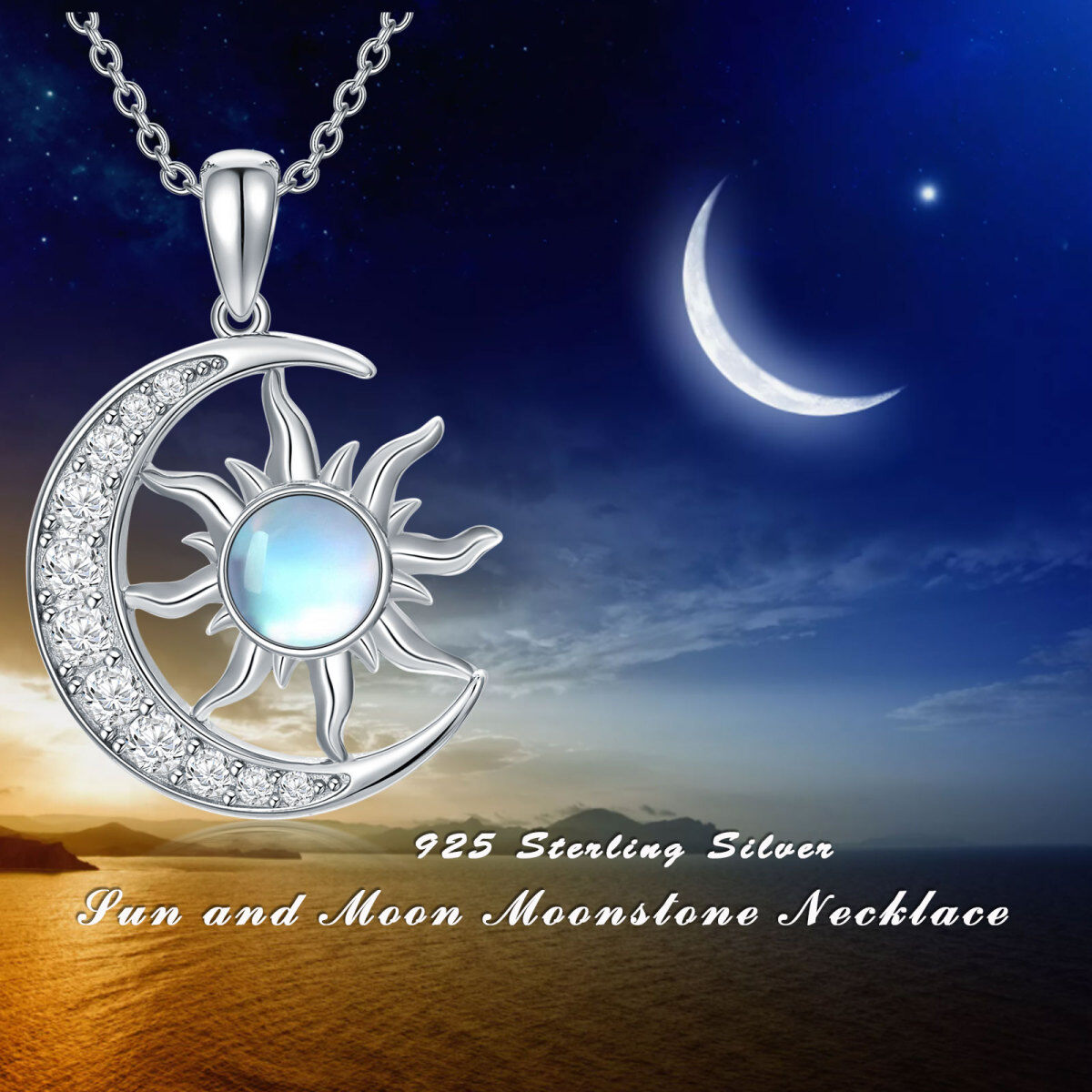 Sterling Silver Circular Shaped Moonstone Moon & Sun Pendant Necklace-5