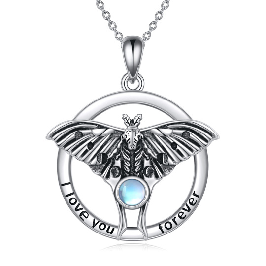 Collier en argent sterling avec pendentif papillon de nuit en pierre de lune de forme circ