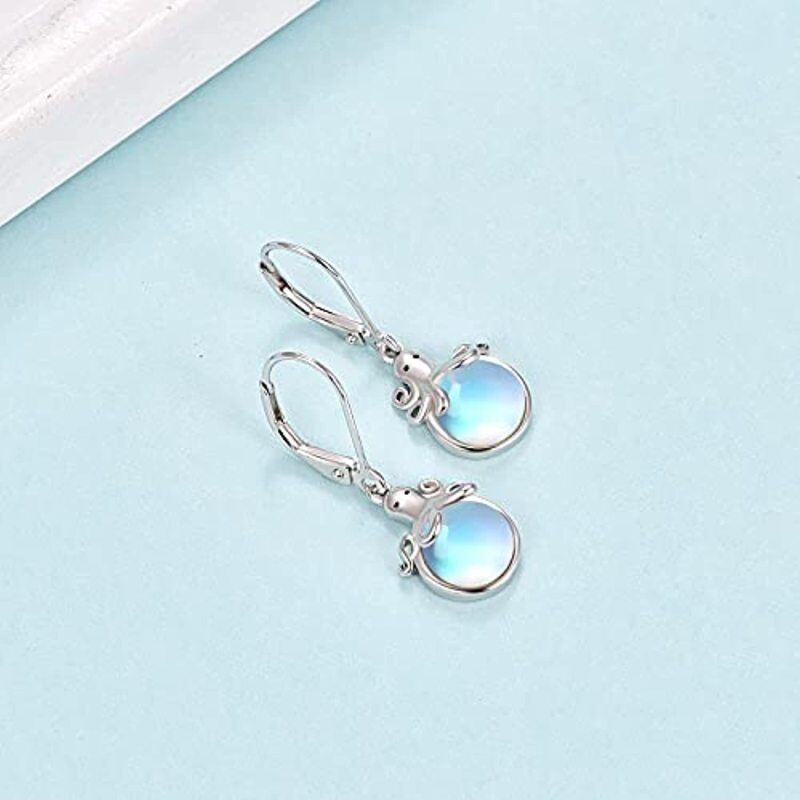 Sterling Silver Circular Shaped Moonstone Octopus Lever-back Earrings-4