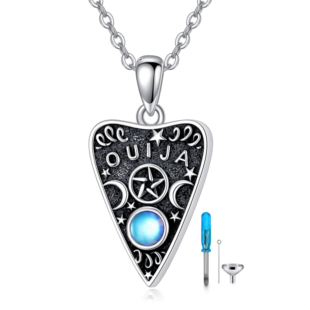 Sterling zilveren cirkelvormige maansteen Ouija Board Urn ketting voor as-1