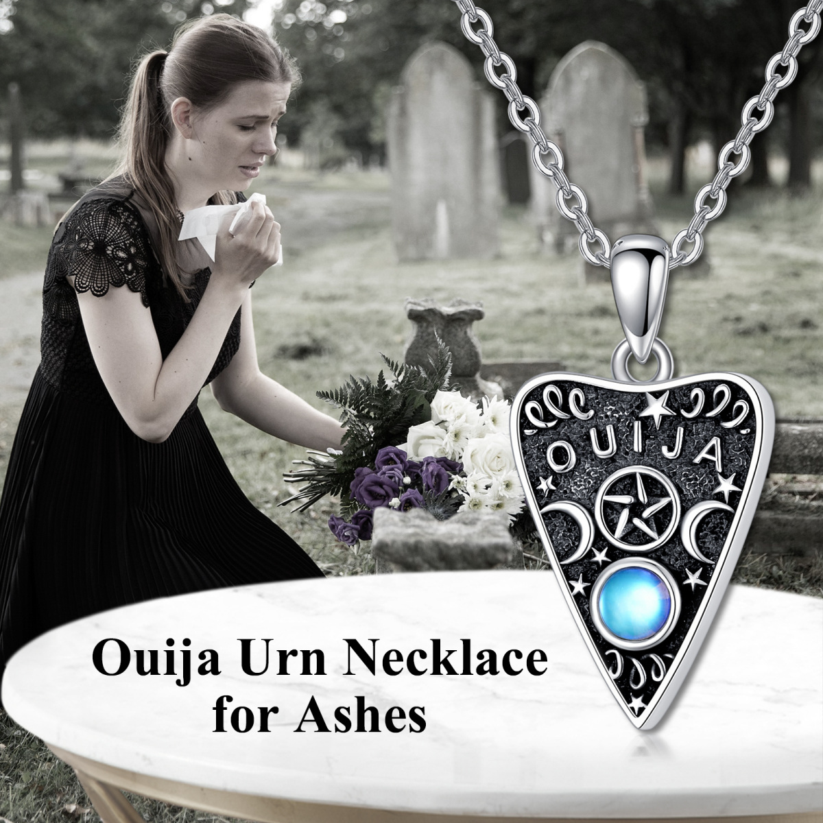 Collar Urna Ouija Piedra Lunar Redonda Plata de Ley-6