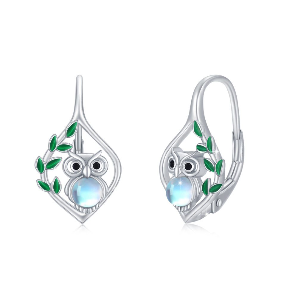 Pendientes de plata de ley con forma circular de búho de piedra de luna-1
